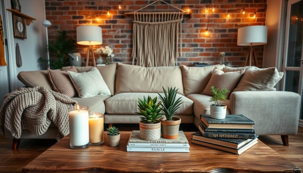 A cozy living room with DIY projects in focus. A warm, inviting space with a plush, oversized sectional sofa in a neutral tone. Layered textiles like knitted throws and plush pillows add texture. In the foreground, a rustic wooden coffee table showcases handmade candles, potted plants, and a stack of vintage books. The middle ground features a large, framed wall hanging made of natural materials. Soft, diffused lighting from floor lamps and string lights creates a comforting ambiance. The background hints at a brick accent wall and hardwood floors, completing the intimate, homely atmosphere. Composition is balanced, with the DIY elements taking center stage. A cozy living room with DIY projects in focus. A warm, inviting space with a plush, oversized sectional sofa in a neutral tone. Layered textiles like knitted throws and plush pillows add texture. In the foreground, a rustic wooden coffee table showcases handmade candles, potted plants, and a stack of vintage books. The middle ground features a large, framed wall hanging made of natural materials. Soft, diffused lighting from floor lamps and string lights creates a comforting ambiance. The background hints at a brick accent wall and hardwood floors, completing the intimate, homely atmosphere. Composition is balanced, with the DIY elements taking center stage.