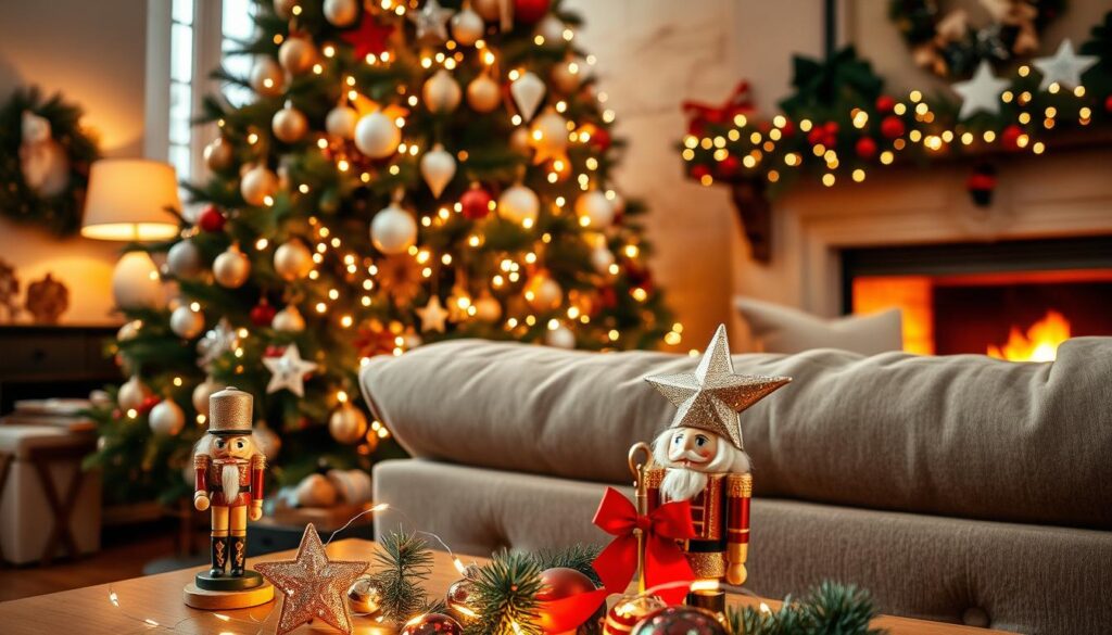 A cozy living room with a beautifully decorated Christmas tree, its branches adorned with a mix of classic and whimsical ornaments. Warm, golden lights twinkle amidst the ornaments, casting a soft, inviting glow. In the foreground, a collection of festive trinkets, including a vintage-inspired nutcracker, a glittering star topper, and a twinkling string of lights. The background features a plush, neutral-toned couch and a crackling fireplace, creating a harmonious and serene atmosphere. Captured with a wide-angle lens to showcase the entire living space, the image conveys a sense of holiday charm and comfort. A cozy living room with a beautifully decorated Christmas tree, its branches adorned with a mix of classic and whimsical ornaments. Warm, golden lights twinkle amidst the ornaments, casting a soft, inviting glow. In the foreground, a collection of festive trinkets, including a vintage-inspired nutcracker, a glittering star topper, and a twinkling string of lights. The background features a plush, neutral-toned couch and a crackling fireplace, creating a harmonious and serene atmosphere. Captured with a wide-angle lens to showcase the entire living space, the image conveys a sense of holiday charm and comfort.