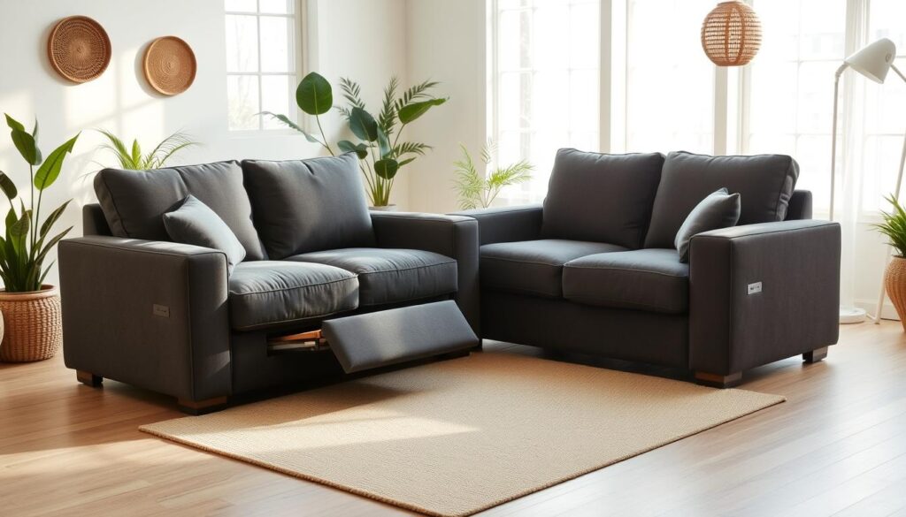 A cozy living room with a pair of plush, charcoal gray couches featuring hidden storage compartments built into their armrests and bases. The couches are positioned in a well-lit, airy space with tall windows that let in natural light, casting a warm, soft glow. The room is decorated with natural elements like potted plants and woven baskets, creating a calming, minimalist atmosphere. The couches are angled slightly towards each other, encouraging intimate conversation. The hidden storage compartments in the couches provide discreet and practical solutions for keeping the living room clutter-free. The overall scene evokes a sense of modern comfort and thoughtful design. A cozy living room with a pair of plush, charcoal gray couches featuring hidden storage compartments built into their armrests and bases. The couches are positioned in a well-lit, airy space with tall windows that let in natural light, casting a warm, soft glow. The room is decorated with natural elements like potted plants and woven baskets, creating a calming, minimalist atmosphere. The couches are angled slightly towards each other, encouraging intimate conversation. The hidden storage compartments in the couches provide discreet and practical solutions for keeping the living room clutter-free. The overall scene evokes a sense of modern comfort and thoughtful design.
