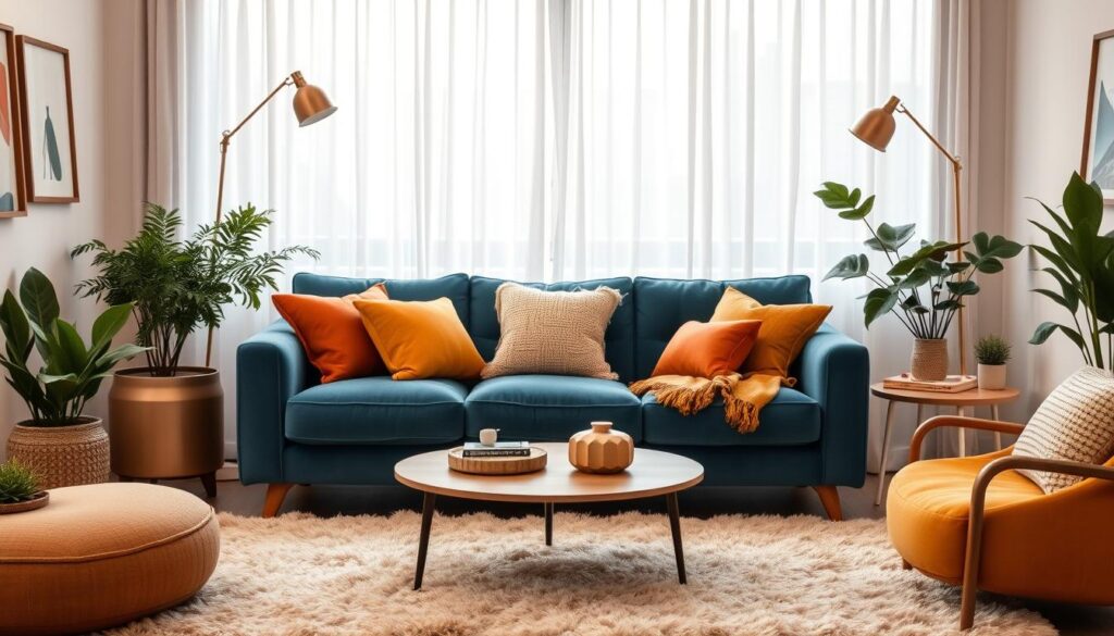 A cozy living room with a plush blue sofa taking center stage. Warm accents of terracotta, mustard, and ochre create a harmonious color palette that invites relaxation. Soft, diffused lighting filters through sheer curtains, casting a gentle glow. Textured throw pillows and a fluffy area rug add depth and coziness. Potted plants and natural wood elements bring in organic touches, while metallic accents provide subtle sophistication. The overall atmosphere is one of comfort and welcoming, perfect for an inviting space to unwind. A cozy living room with a plush blue sofa taking center stage. Warm accents of terracotta, mustard, and ochre create a harmonious color palette that invites relaxation. Soft, diffused lighting filters through sheer curtains, casting a gentle glow. Textured throw pillows and a fluffy area rug add depth and coziness. Potted plants and natural wood elements bring in organic touches, while metallic accents provide subtle sophistication. The overall atmosphere is one of comfort and welcoming, perfect for an inviting space to unwind.