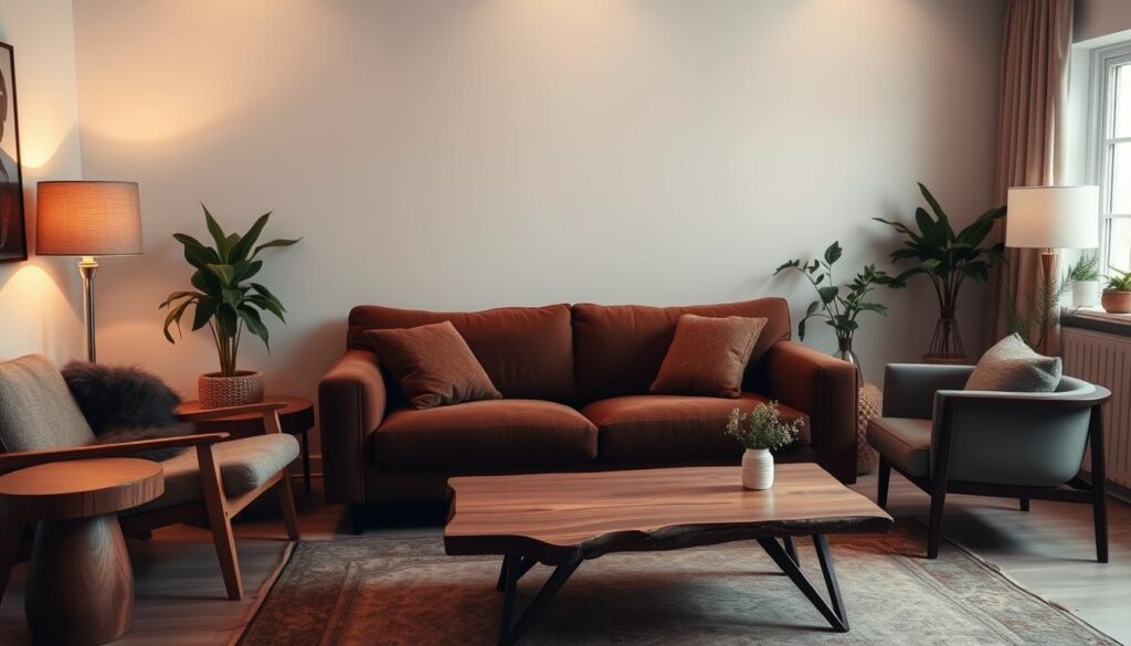 A cozy living room with a plush brown couch as the focal point. Surrounding it, a mix of eclectic furniture styles - a mid-century modern armchair, a rustic wood coffee table, and a sleek, contemporary side table. Warm, indirect lighting casts a gentle glow, creating a harmonious and inviting atmosphere. The room's neutral color palette is punctuated by touches of greenery and natural textures, blending the different design elements seamlessly. The overall composition conveys a sense of effortless sophistication and personal style.