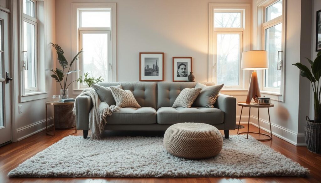A cozy living room with a plush gray sofa as the focal point. The space is bathed in warm, soft lighting from a pair of mid-century modern table lamps. Soft, textured throw pillows and a knitted blanket invite coziness. Decorative elements like a potted plant, framed artwork, and a brass side table add visual interest. The hardwood floor is covered by a plush, neutral-toned area rug. Large windows allow natural light to filter in, creating a serene and inviting atmosphere. The overall mood is relaxed and intimate, perfect for small living rooms. A cozy living room with a plush gray sofa as the focal point. The space is bathed in warm, soft lighting from a pair of mid-century modern table lamps. Soft, textured throw pillows and a knitted blanket invite coziness. Decorative elements like a potted plant, framed artwork, and a brass side table add visual interest. The hardwood floor is covered by a plush, neutral-toned area rug. Large windows allow natural light to filter in, creating a serene and inviting atmosphere. The overall mood is relaxed and intimate, perfect for small living rooms.
