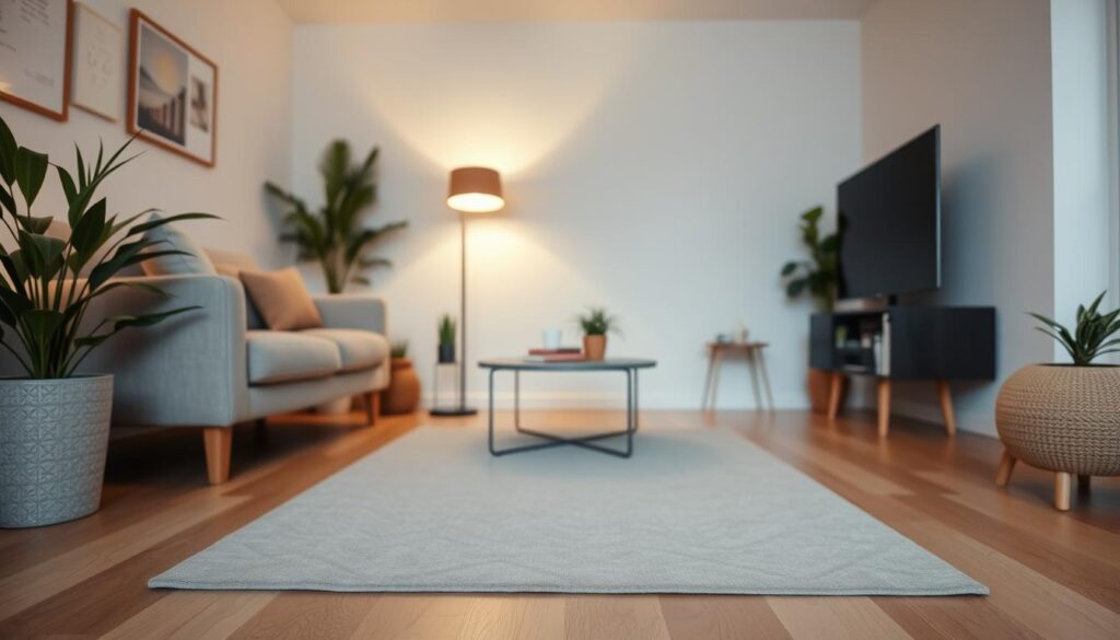 A cozy living room with a small, modern rug in the foreground. The rug features a minimalist geometric pattern in muted tones, complementing the neutral-colored furniture and decor. Soft, diffused lighting from a floor lamp casts a warm glow, creating a relaxing atmosphere. The walls are painted a light, calming shade, and a few potted plants add a touch of greenery. The room is well-organized, with clean lines and a sense of balance, showcasing how a carefully chosen rug can enhance the visual appeal of a small living space. A cozy living room with a small, modern rug in the foreground. The rug features a minimalist geometric pattern in muted tones, complementing the neutral-colored furniture and decor. Soft, diffused lighting from a floor lamp casts a warm glow, creating a relaxing atmosphere. The walls are painted a light, calming shade, and a few potted plants add a touch of greenery. The room is well-organized, with clean lines and a sense of balance, showcasing how a carefully chosen rug can enhance the visual appeal of a small living space.