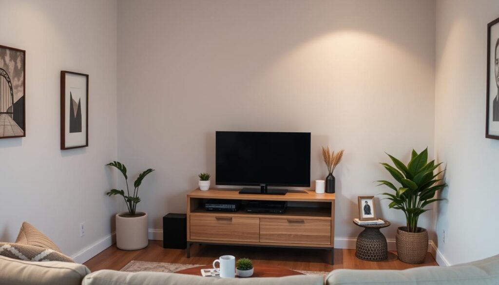 A cozy living room with a small, sleek TV neatly tucked into a wooden media console. Soft, indirect lighting illuminates the space, creating a warm and inviting atmosphere. The TV is flanked by decorative plants and artful accessories, seamlessly blending technology and design. The room is characterized by clean, minimalist lines and a neutral color palette, allowing the TV to take center stage without overwhelming the space. The overall aesthetic is one of sophisticated simplicity, showcasing how a small living room can be stylishly outfitted with a television. A cozy living room with a small, sleek TV neatly tucked into a wooden media console. Soft, indirect lighting illuminates the space, creating a warm and inviting atmosphere. The TV is flanked by decorative plants and artful accessories, seamlessly blending technology and design. The room is characterized by clean, minimalist lines and a neutral color palette, allowing the TV to take center stage without overwhelming the space. The overall aesthetic is one of sophisticated simplicity, showcasing how a small living room can be stylishly outfitted with a television.