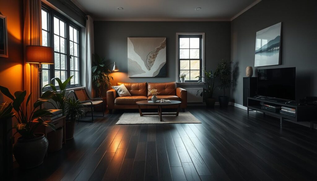 A cozy living room with a statement dark hardwood floor, a plush leather sofa, and lush potted plants in the corner. Warm, indirect lighting casts a soft glow, creating a moody, intimate ambiance. Large windows allow natural light to filter in, casting dramatic shadows across the space. The room is furnished with minimal, mid-century modern decor, allowing the dark flooring to take center stage. A large, abstract art piece hangs on the wall, complementing the earthy tones and textures. This serene, sophisticated space exudes a sense of calm and refined elegance. A cozy living room with a statement dark hardwood floor, a plush leather sofa, and lush potted plants in the corner. Warm, indirect lighting casts a soft glow, creating a moody, intimate ambiance. Large windows allow natural light to filter in, casting dramatic shadows across the space. The room is furnished with minimal, mid-century modern decor, allowing the dark flooring to take center stage. A large, abstract art piece hangs on the wall, complementing the earthy tones and textures. This serene, sophisticated space exudes a sense of calm and refined elegance.