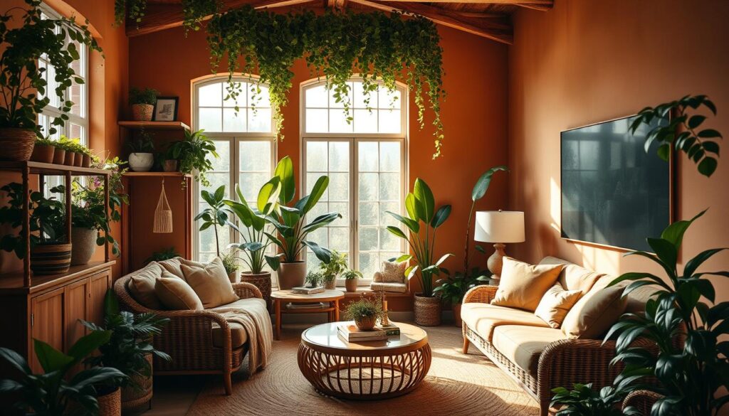 A cozy living room with lush, verdant foliage cascading from shelves and windowsills, creating a seamless transition between the indoor and outdoor spaces. Warm, earthy tones of terracotta, mustard, and olive green on the walls and furnishings complement the natural light streaming in through large windows. Soft, diffused lighting casts a gentle glow, enhancing the harmonious palette. Woven textures, such as rattan and macrame, add depth and visual interest, while potted plants and floral accents bring the essence of the outdoors inside. The room exudes a sense of tranquility and rejuvenation, inviting the viewer to embrace the beauty of nature within their living space. A cozy living room with lush, verdant foliage cascading from shelves and windowsills, creating a seamless transition between the indoor and outdoor spaces. Warm, earthy tones of terracotta, mustard, and olive green on the walls and furnishings complement the natural light streaming in through large windows. Soft, diffused lighting casts a gentle glow, enhancing the harmonious palette. Woven textures, such as rattan and macrame, add depth and visual interest, while potted plants and floral accents bring the essence of the outdoors inside. The room exudes a sense of tranquility and rejuvenation, inviting the viewer to embrace the beauty of nature within their living space.