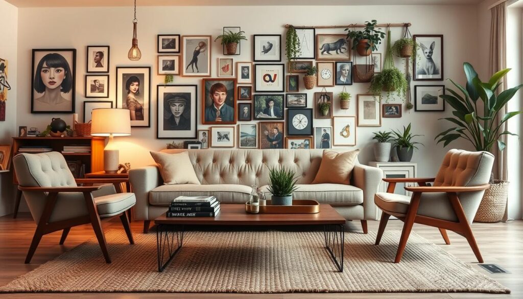 A cozy living room with warm, diffused lighting, showcasing a variety of personal decor touches. In the foreground, a plush, tufted sofa in a neutral tone sits atop a woven area rug. Framing the sofa, a pair of mid-century modern armchairs in a complementary hue. On the coffee table, a stack of artful books, a potted plant, and a decorative tray. Along the walls, an eclectic gallery wall featuring framed artwork, photographs, and hanging plants. In the background, a large window allowing natural light to filter in, accentuating the textural elements throughout the space. The overall atmosphere is inviting, stylish, and reflective of the homeowner's unique personality. A cozy living room with warm, diffused lighting, showcasing a variety of personal decor touches. In the foreground, a plush, tufted sofa in a neutral tone sits atop a woven area rug. Framing the sofa, a pair of mid-century modern armchairs in a complementary hue. On the coffee table, a stack of artful books, a potted plant, and a decorative tray. Along the walls, an eclectic gallery wall featuring framed artwork, photographs, and hanging plants. In the background, a large window allowing natural light to filter in, accentuating the textural elements throughout the space. The overall atmosphere is inviting, stylish, and reflective of the homeowner's unique personality.