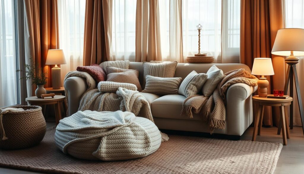 A cozy living space with plush, textured fabrics in a warm, earthy color palette. Soft, drapey curtains frame a large picture window, letting in diffused natural light. Piles of knit blankets and throw pillows adorn a deep, comfy sofa, inviting relaxation. Vintage wooden side tables and a thick, woven area rug ground the scene, creating a sense of coziness and comfort. Subtle ambient lighting from table lamps casts a gentle glow, heightening the intimate, welcoming atmosphere. The overall mood is one of calm, hygge-inspired contentment. A cozy living space with plush, textured fabrics in a warm, earthy color palette. Soft, drapey curtains frame a large picture window, letting in diffused natural light. Piles of knit blankets and throw pillows adorn a deep, comfy sofa, inviting relaxation. Vintage wooden side tables and a thick, woven area rug ground the scene, creating a sense of coziness and comfort. Subtle ambient lighting from table lamps casts a gentle glow, heightening the intimate, welcoming atmosphere. The overall mood is one of calm, hygge-inspired contentment.