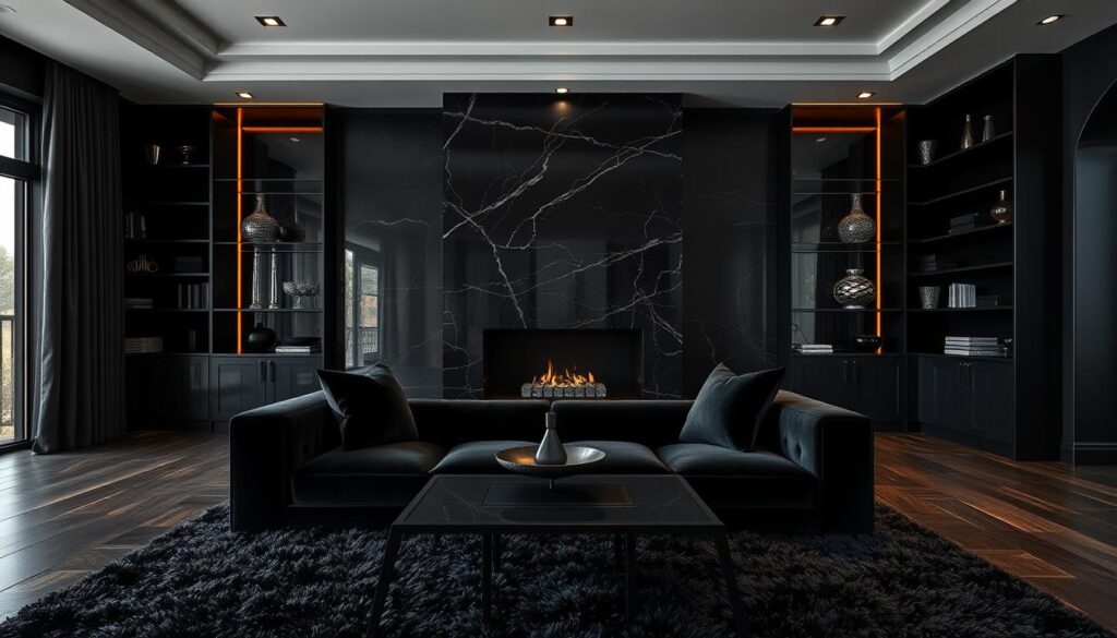 A cozy, luxurious black living room with rich textures and sophisticated decor. In the foreground, a plush velvet sofa in a deep ebony hue sits atop a shaggy black rug. Recessed lighting casts a warm glow, illuminating sleek black side tables with geometric metal accents. In the middle ground, a grand black marble fireplace with a modern steel mantel anchors the space. Tall black bookshelves flank the fireplace, their shelves adorned with crystal decanters and artful monochrome sculptures. The background features a dramatic black accent wall, its surface textured with brushstrokes that add depth and interest. The overall mood is one of timeless elegance and moody ambiance.