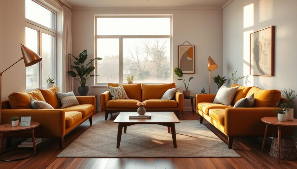A cozy mid-century modern living room with warm, earthy tones and clean, minimalist lines. Sleek, tapered teak furniture frames a plush, mustard-colored sofa and matching armchair. A geometric area rug and wooden coffee table anchor the space. Soft, diffused light filters in through large, picture windows, casting a golden glow across the room. Decorative accents like a brass floor lamp, potted plants, and abstract wall art add subtle pops of color and texture. The overall atmosphere is one of timeless sophistication and relaxed elegance. A cozy mid-century modern living room with warm, earthy tones and clean, minimalist lines. Sleek, tapered teak furniture frames a plush, mustard-colored sofa and matching armchair. A geometric area rug and wooden coffee table anchor the space. Soft, diffused light filters in through large, picture windows, casting a golden glow across the room. Decorative accents like a brass floor lamp, potted plants, and abstract wall art add subtle pops of color and texture. The overall atmosphere is one of timeless sophistication and relaxed elegance.