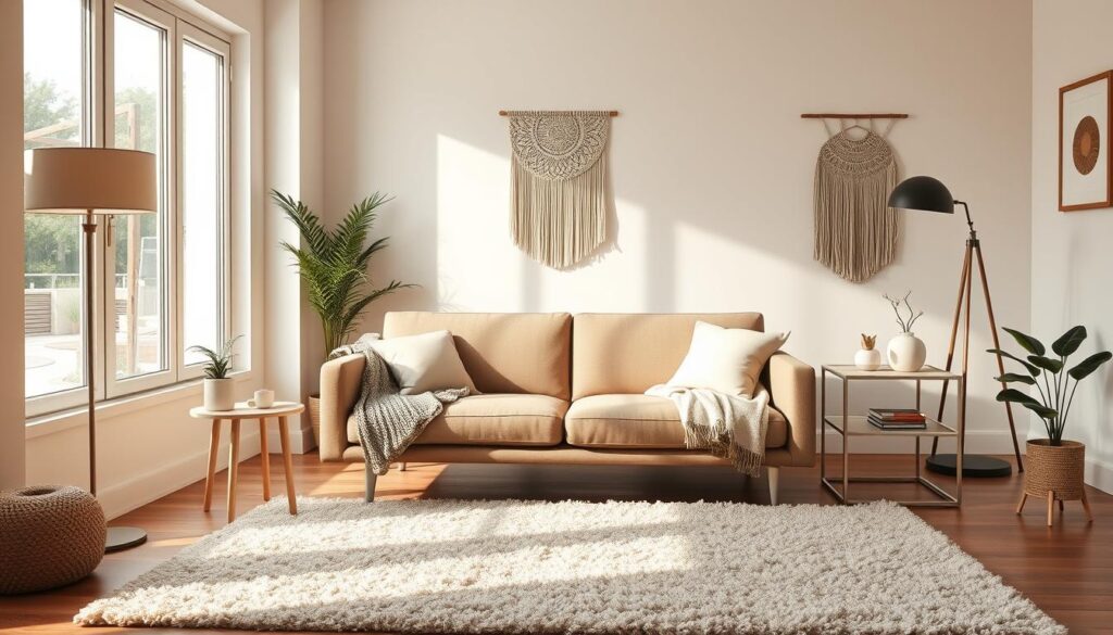 A cozy, minimalist living room with a focus on decorative accents. A sleek, low-profile sofa in a neutral tone takes center stage, flanked by two modern, minimalist side tables. The room is bathed in warm, natural lighting, filtering in through large windows, casting a soft glow on the space. Subtle textures, such as a knitted throw blanket and a plush, shag rug, add depth and visual interest. Decorative accents, like a statement floor lamp, a geometric wall hanging, and a potted plant, create a harmonious, visually appealing scene. The overall atmosphere is one of understated elegance and mindful simplicity. A cozy, minimalist living room with a focus on decorative accents. A sleek, low-profile sofa in a neutral tone takes center stage, flanked by two modern, minimalist side tables. The room is bathed in warm, natural lighting, filtering in through large windows, casting a soft glow on the space. Subtle textures, such as a knitted throw blanket and a plush, shag rug, add depth and visual interest. Decorative accents, like a statement floor lamp, a geometric wall hanging, and a potted plant, create a harmonious, visually appealing scene. The overall atmosphere is one of understated elegance and mindful simplicity.