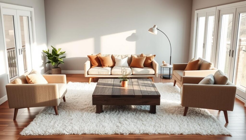 A cozy, minimalist living room with a focus on soft furnishings. A plush, off-white rug covers the hardwood floor, accentuating the sparse, clean-lined furniture. A mid-century modern sofa in a neutral tone sits atop the rug, flanked by two matching armchairs. Throw pillows in earthy, muted tones add texture and visual interest. A large, distressed wood coffee table grounds the space, while a single, statement-making floor lamp casts a warm, ambient glow. The walls are painted a soft, muted gray, creating a serene, calming atmosphere. Sunlight filters in through large windows, casting a gentle, natural light over the entire scene. A cozy, minimalist living room with a focus on soft furnishings. A plush, off-white rug covers the hardwood floor, accentuating the sparse, clean-lined furniture. A mid-century modern sofa in a neutral tone sits atop the rug, flanked by two matching armchairs. Throw pillows in earthy, muted tones add texture and visual interest. A large, distressed wood coffee table grounds the space, while a single, statement-making floor lamp casts a warm, ambient glow. The walls are painted a soft, muted gray, creating a serene, calming atmosphere. Sunlight filters in through large windows, casting a gentle, natural light over the entire scene.
