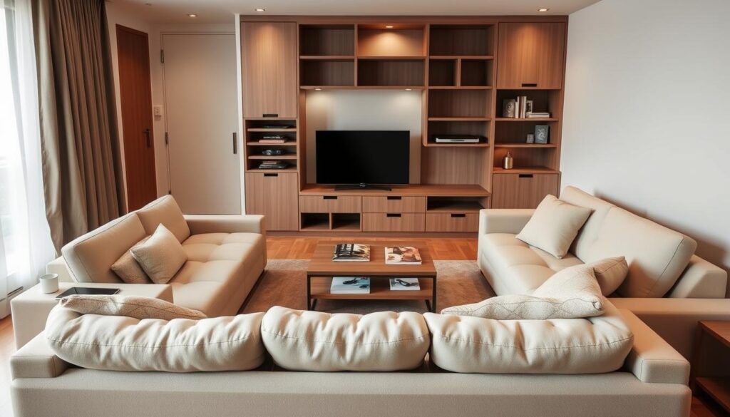 A cozy, minimalist living room with space-saving furniture. In the foreground, a sleek, modular sofa with hidden storage compartments and fold-out side tables. In the middle ground, a coffee table with a built-in shelf for magazines and books. Behind it, a wall-mounted TV and shelving unit with adjustable, sliding compartments. Soft, warm lighting illuminates the scene, creating a relaxing, uncluttered atmosphere. The room is decorated with subtle earth tones and natural textures, conveying a sense of harmony and functionality in a limited space.