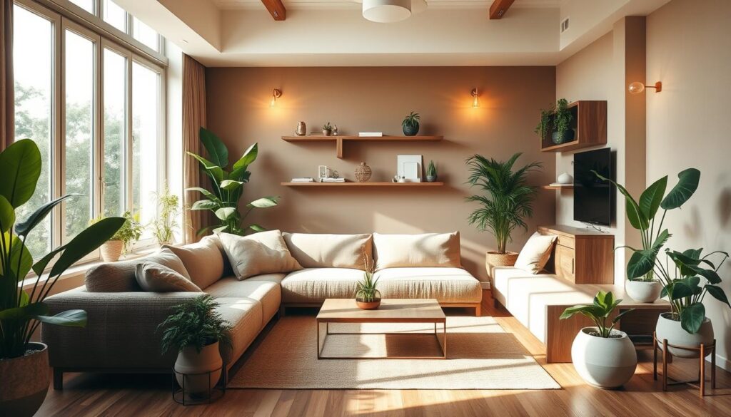 A cozy modern brown living room bathed in soft, natural lighting. The focal point is a plush, textured L-shaped sofa complemented by a low, wooden coffee table. Lush, verdant houseplants in minimal, ceramic planters are strategically placed throughout, creating a calming, nature-inspired ambiance. The walls feature earthy, neutral tones accented by wooden shelving units displaying decorative objects. Warm, diffused lighting emanates from discreet sconces, casting a gentle glow over the space. Large windows allow abundant natural light to flood the room, blending the indoors and outdoors. An overall harmonious, serene, and grounded atmosphere pervades the scene.