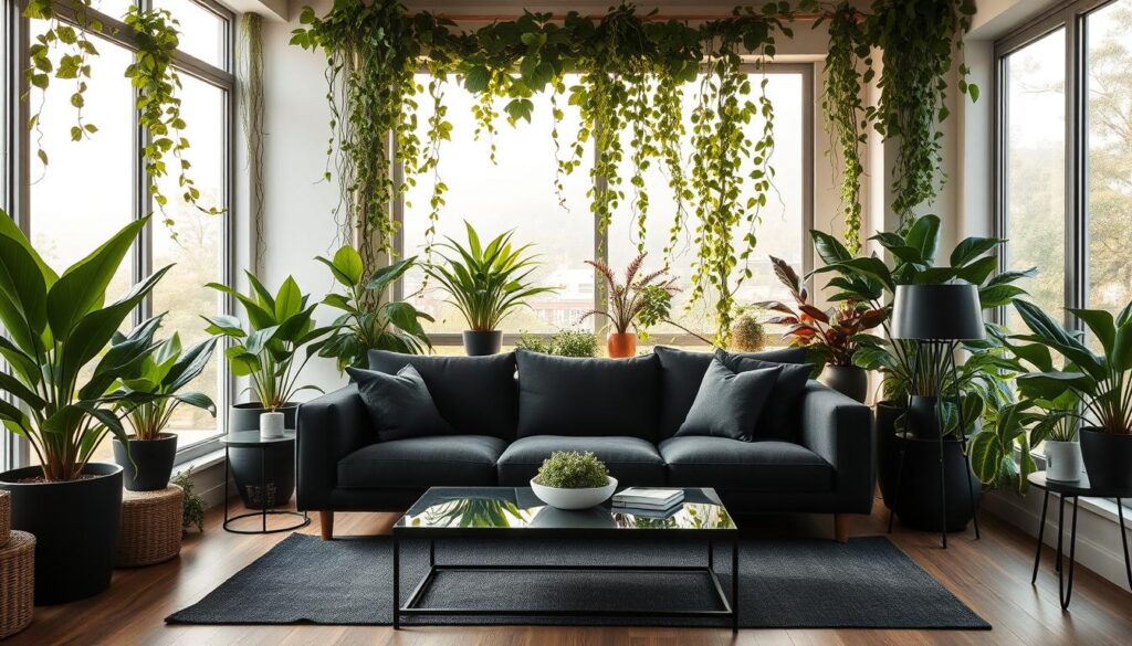 A cozy, modern living room featuring a plush black sofa against a backdrop of lush, verdant greenery. Diffused natural light streams through large windows, casting a warm, inviting glow. Potted plants and trailing vines adorn the space, blending the indoor and outdoor environments. Sleek, minimalist black furniture, including a low coffee table and side tables, complement the overall aesthetic. The room has a serene, nature-inspired atmosphere, with a focus on creating a harmonious balance between the dark, moody tones of the furniture and the vibrant, life-affirming greenery. A cozy, modern living room featuring a plush black sofa against a backdrop of lush, verdant greenery. Diffused natural light streams through large windows, casting a warm, inviting glow. Potted plants and trailing vines adorn the space, blending the indoor and outdoor environments. Sleek, minimalist black furniture, including a low coffee table and side tables, complement the overall aesthetic. The room has a serene, nature-inspired atmosphere, with a focus on creating a harmonious balance between the dark, moody tones of the furniture and the vibrant, life-affirming greenery.