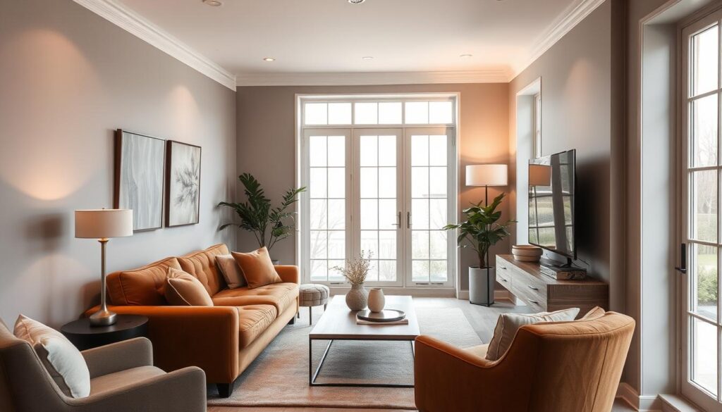 A cozy, modern small living room with a warm, inviting color palette. The room features a plush, tufted sofa in a rich, earthy tone, complemented by accent chairs in a complementary hue. The walls are painted in a soft, muted gray, creating a serene, calming atmosphere. Placed strategically, a wooden console table with minimalist decor, including a potted plant and a few decorative objects, adds a touch of natural elegance. The lighting is a mix of recessed ceiling lights and a sleek, contemporary floor lamp, casting a gentle, ambient glow. The room is framed by large windows that allow natural light to flood the space, enhancing the overall sense of openness and airiness. A cozy, modern small living room with a warm, inviting color palette. The room features a plush, tufted sofa in a rich, earthy tone, complemented by accent chairs in a complementary hue. The walls are painted in a soft, muted gray, creating a serene, calming atmosphere. Placed strategically, a wooden console table with minimalist decor, including a potted plant and a few decorative objects, adds a touch of natural elegance. The lighting is a mix of recessed ceiling lights and a sleek, contemporary floor lamp, casting a gentle, ambient glow. The room is framed by large windows that allow natural light to flood the space, enhancing the overall sense of openness and airiness.