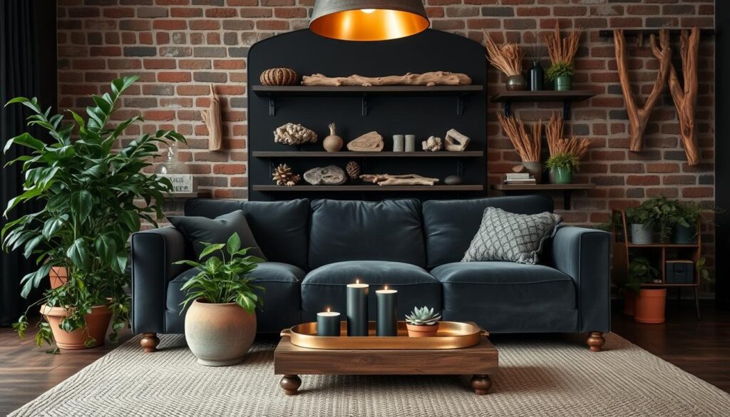 A cozy, nature-inspired dark living room with a warm, earthy atmosphere. In the foreground, a plush, overstuffed sofa in a rich, velvety charcoal hue sits atop a natural fiber area rug. Lush, verdant plants in terracotta pots flank the sofa, their leaves cascading down. In the middle ground, a low, wooden coffee table is adorned with a tarnished brass tray, hosting candles and a small potted succulent. The background features exposed brick walls, painted in a deep, moody tone, with floating shelves displaying an array of natural, textural elements like driftwood, river stones, and dried botanicals. Soft, ambient lighting emanates from a large, pendant lamp above, casting a golden glow throughout the space. A cozy, nature-inspired dark living room with a warm, earthy atmosphere. In the foreground, a plush, overstuffed sofa in a rich, velvety charcoal hue sits atop a natural fiber area rug. Lush, verdant plants in terracotta pots flank the sofa, their leaves cascading down. In the middle ground, a low, wooden coffee table is adorned with a tarnished brass tray, hosting candles and a small potted succulent. The background features exposed brick walls, painted in a deep, moody tone, with floating shelves displaying an array of natural, textural elements like driftwood, river stones, and dried botanicals. Soft, ambient lighting emanates from a large, pendant lamp above, casting a golden glow throughout the space.
