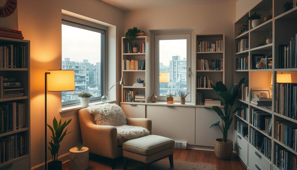 A cozy reading nook nestled in a small living room, bathed in warm, soft lighting from a floor lamp in the corner. A plush armchair with a fluffy throw blanket invites relaxation, set against a backdrop of bookshelves lining the walls. Decorative plants and minimal decor create a serene, uncluttered atmosphere. The large window provides natural light and a view of a tranquil urban landscape outside. Subtle textures, muted colors, and clean lines harmonize to craft a welcoming, intimate space perfect for curling up with a good book. A cozy reading nook nestled in a small living room, bathed in warm, soft lighting from a floor lamp in the corner. A plush armchair with a fluffy throw blanket invites relaxation, set against a backdrop of bookshelves lining the walls. Decorative plants and minimal decor create a serene, uncluttered atmosphere. The large window provides natural light and a view of a tranquil urban landscape outside. Subtle textures, muted colors, and clean lines harmonize to craft a welcoming, intimate space perfect for curling up with a good book.