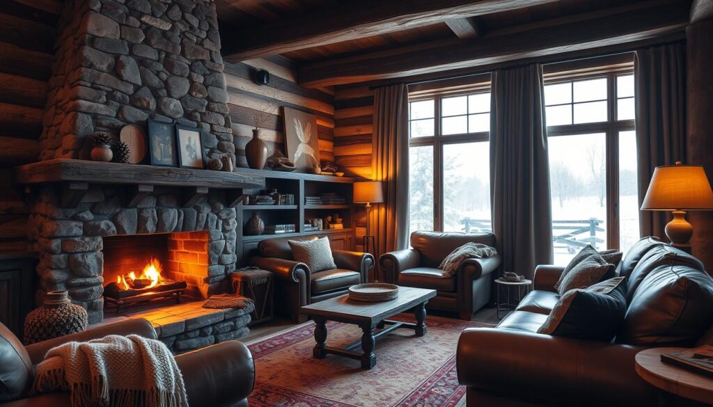 A cozy rustic living room with a stone fireplace, exposed wooden beams, and plush leather furniture. Warm, ambient lighting casts a golden glow, illuminating handwoven throws, and a vintage area rug. Shelves are adorned with weathered books, ceramic vases, and natural elements like pine cones and driftwood. A large window overlooks a snowy landscape, framed by heavy curtains. The atmosphere is one of relaxation and comfort, inviting the viewer to curl up and enjoy the tranquil, earthy ambiance. A cozy rustic living room with a stone fireplace, exposed wooden beams, and plush leather furniture. Warm, ambient lighting casts a golden glow, illuminating handwoven throws, and a vintage area rug. Shelves are adorned with weathered books, ceramic vases, and natural elements like pine cones and driftwood. A large window overlooks a snowy landscape, framed by heavy curtains. The atmosphere is one of relaxation and comfort, inviting the viewer to curl up and enjoy the tranquil, earthy ambiance.