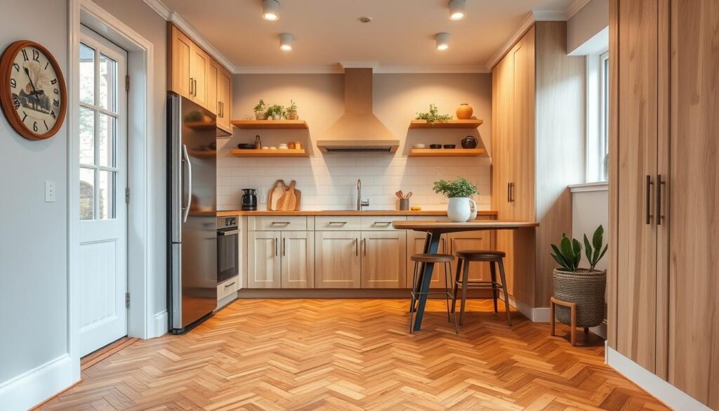 A cozy small kitchen with a stylish and practical flooring. Hardwood planks in a warm, natural tone flow seamlessly across the space, complementing the light cabinetry and minimalist decor. Subtle patterns or textures add visual interest, like herringbone or parquet layouts. The flooring blends effortlessly with the overall kitchen design, creating a cohesive and visually appealing space. Soft, diffused lighting from recessed fixtures above casts a warm glow, enhancing the rustic yet modern ambiance. The scene exudes a sense of organization and thoughtful design choices to maximize the limited square footage. A cozy small kitchen with a stylish and practical flooring. Hardwood planks in a warm, natural tone flow seamlessly across the space, complementing the light cabinetry and minimalist decor. Subtle patterns or textures add visual interest, like herringbone or parquet layouts. The flooring blends effortlessly with the overall kitchen design, creating a cohesive and visually appealing space. Soft, diffused lighting from recessed fixtures above casts a warm glow, enhancing the rustic yet modern ambiance. The scene exudes a sense of organization and thoughtful design choices to maximize the limited square footage.