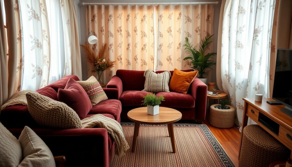 A cozy small living room filled with a variety of plush textiles and fabrics. In the foreground, a soft velvet sofa in a deep burgundy hue, accented with knitted throw pillows in earthy tones. On the middle ground, a hand-woven area rug in a subtle chevron pattern, complementing the natural wood tones of the coffee table. The background features sheer curtains in a delicate floral print, allowing soft, diffused natural light to filter in, creating a warm and inviting atmosphere. The lighting is balanced, with a mix of ambient and task lighting, highlighting the tactile textures of the textiles. The camera angle is slightly elevated, capturing the room's intimate and comfortable feel. A cozy small living room filled with a variety of plush textiles and fabrics. In the foreground, a soft velvet sofa in a deep burgundy hue, accented with knitted throw pillows in earthy tones. On the middle ground, a hand-woven area rug in a subtle chevron pattern, complementing the natural wood tones of the coffee table. The background features sheer curtains in a delicate floral print, allowing soft, diffused natural light to filter in, creating a warm and inviting atmosphere. The lighting is balanced, with a mix of ambient and task lighting, highlighting the tactile textures of the textiles. The camera angle is slightly elevated, capturing the room's intimate and comfortable feel.