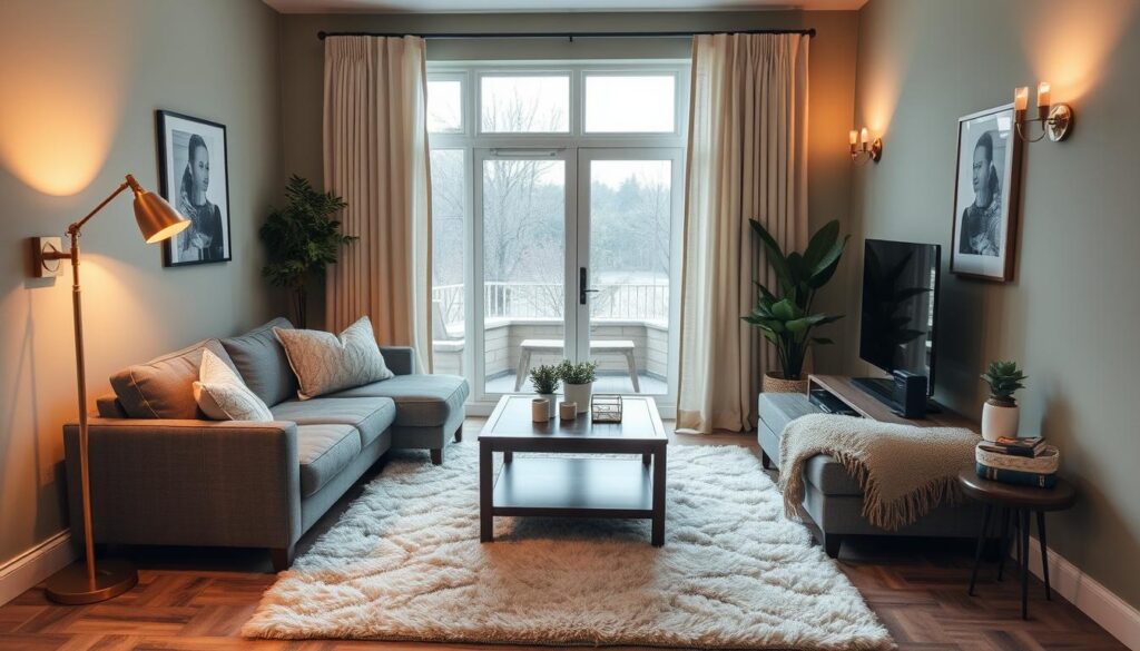 A cozy small living room with a plush gray L-shaped sofa and a fluffy ivory area rug. Warm ambient lighting from a brass floor lamp and a trio of wall sconces creates a soft, inviting glow. A dark wood coffee table with a glass top sits centered, surrounded by potted plants and a few decorative objects. The walls are painted a soothing sage green, complemented by cream-colored curtains that frame a large window overlooking a serene outdoor scene. The overall atmosphere is one of comfort, relaxation, and effortless style.