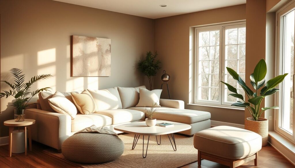 A cozy small living room with a plush, minimalist sofa in a neutral tone, such as beige or light gray. The room is flooded with warm, natural lighting from large windows, casting a soft glow on the walls painted in a soothing, earthy color palette, like sage green or muted terracotta. Subtle textural accents, such as a woven rug and throw pillows, add depth and visual interest. Strategically placed plants and a sleek, low-profile coffee table complete the serene, harmonious scene, creating an inviting and comfortable atmosphere. A cozy small living room with a plush, minimalist sofa in a neutral tone, such as beige or light gray. The room is flooded with warm, natural lighting from large windows, casting a soft glow on the walls painted in a soothing, earthy color palette, like sage green or muted terracotta. Subtle textural accents, such as a woven rug and throw pillows, add depth and visual interest. Strategically placed plants and a sleek, low-profile coffee table complete the serene, harmonious scene, creating an inviting and comfortable atmosphere.