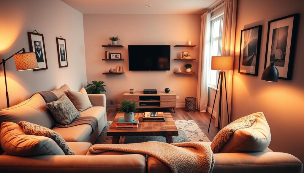 A cozy small living room with warm, ambient lighting. In the foreground, a plush, L-shaped sofa in a neutral tone, adorned with fluffy pillows and a knitted throw. A wooden coffee table sits in the center, topped with a potted plant and a few decorative books. The middle ground features a wall-mounted TV, flanked by floating shelves displaying personal trinkets and framed artwork. Soft, diffused lighting emanates from a pair of table lamps and a standing floor lamp, creating a welcoming and intimate atmosphere. The background showcases a large window, allowing natural light to filter in and highlighting the room's compact yet efficient layout.