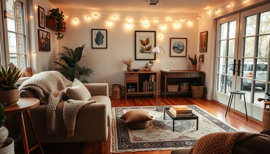 A cozy small living room with warm, inviting decor. In the foreground, a plush, oversized armchair sits beside a knitted throw blanket and a wooden side table with a potted plant. In the middle ground, a vintage-inspired rug covers the hardwood floor, and a minimalist coffee table displays a stack of books and a candle. The walls are adorned with framed artwork and string lights, casting a soft, ambient glow. Large windows allow natural light to filter in, creating a bright, airy atmosphere. The room radiates a sense of comfort, personal style, and attention to detail. A cozy small living room with warm, inviting decor. In the foreground, a plush, oversized armchair sits beside a knitted throw blanket and a wooden side table with a potted plant. In the middle ground, a vintage-inspired rug covers the hardwood floor, and a minimalist coffee table displays a stack of books and a candle. The walls are adorned with framed artwork and string lights, casting a soft, ambient glow. Large windows allow natural light to filter in, creating a bright, airy atmosphere. The room radiates a sense of comfort, personal style, and attention to detail.