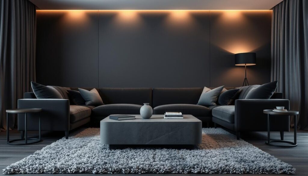 A cozy, sophisticated dark grey living room with a mix of textures and tones. In the foreground, a plush charcoal velvet sofa is flanked by sleek anthracite end tables. The middle ground showcases a low-profile, slate grey coffee table atop a shag rug in shades of pewter and graphite. The background features a feature wall in a deep smoky grey, complemented by floor-to-ceiling draperies in a silvery-grey hue. Ambient lighting casts a warm, moody glow, creating an inviting and tranquil atmosphere. The overall palette exudes a sense of calm elegance, perfect for a serene living space. A cozy, sophisticated dark grey living room with a mix of textures and tones. In the foreground, a plush charcoal velvet sofa is flanked by sleek anthracite end tables. The middle ground showcases a low-profile, slate grey coffee table atop a shag rug in shades of pewter and graphite. The background features a feature wall in a deep smoky grey, complemented by floor-to-ceiling draperies in a silvery-grey hue. Ambient lighting casts a warm, moody glow, creating an inviting and tranquil atmosphere. The overall palette exudes a sense of calm elegance, perfect for a serene living space.