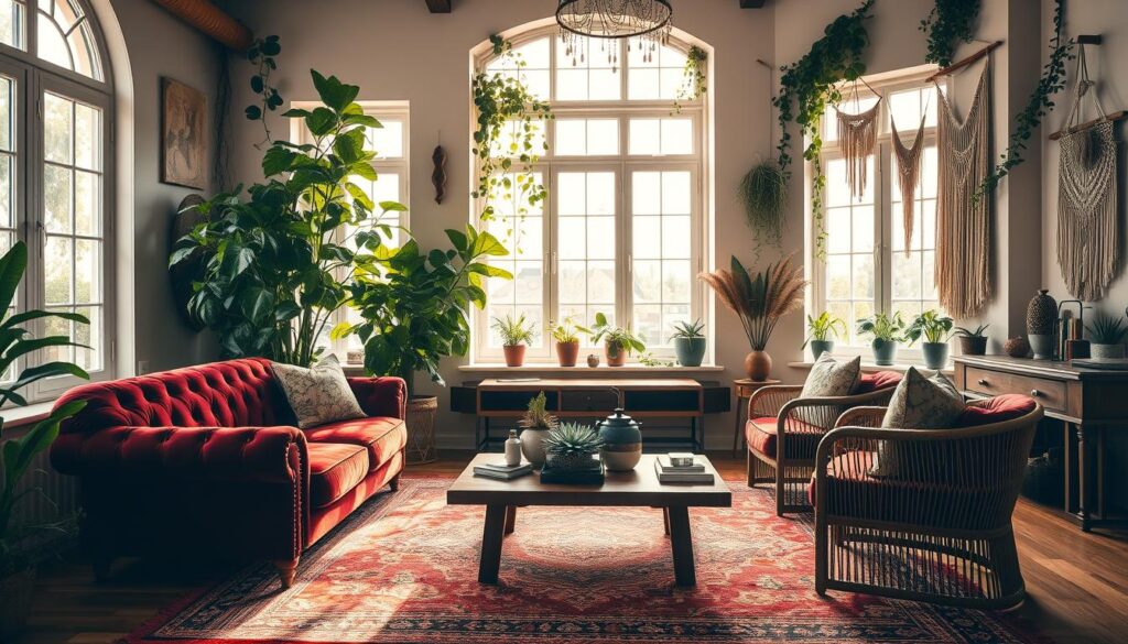 A cozy, sun-drenched bohemian living room adorned with rich, earthy tones and lush, eclectic decor. In the foreground, a plush, tufted velvet sofa in a deep burgundy hue sits atop a vibrant, handwoven area rug. Complementing the sofa, a pair of macrame-accented armchairs flank a low, wooden coffee table adorned with potted succulents and a collection of vintage books. The middle ground features a towering, leafy plant in the corner, its tendrils cascading down the walls. Trailing vines and macrame wall hangings add a touch of bohemian flair, while the background showcases large windows that flood the space with warm, natural light, creating a serene and inviting atmosphere. A cozy, sun-drenched bohemian living room adorned with rich, earthy tones and lush, eclectic decor. In the foreground, a plush, tufted velvet sofa in a deep burgundy hue sits atop a vibrant, handwoven area rug. Complementing the sofa, a pair of macrame-accented armchairs flank a low, wooden coffee table adorned with potted succulents and a collection of vintage books. The middle ground features a towering, leafy plant in the corner, its tendrils cascading down the walls. Trailing vines and macrame wall hangings add a touch of bohemian flair, while the background showcases large windows that flood the space with warm, natural light, creating a serene and inviting atmosphere.