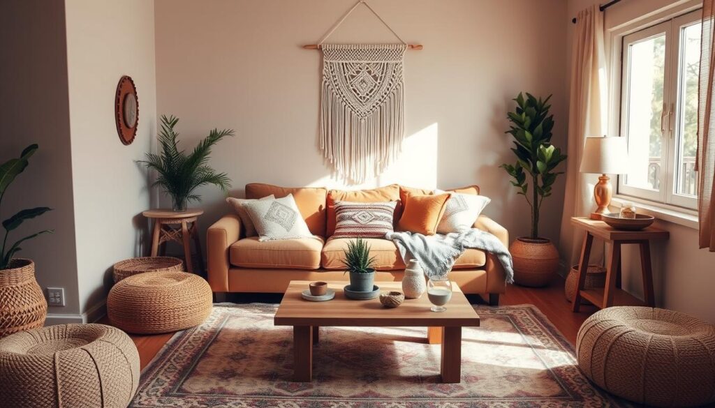 A cozy, sun-drenched boho-inspired small living room, featuring a plush, earthy-toned sectional sofa adorned with woven throw pillows and a hand-knotted area rug. In the foreground, a low wooden coffee table is topped with a potted plant and an array of artisanal trinkets. The middle ground showcases a macrame wall hanging, complemented by a pair of rattan poufs and a wooden side table with a stylish table lamp. The background reveals a large window letting in warm, natural light, accentuating the room's eclectic mix of textures and earthy tones, creating a serene and inviting atmosphere. A cozy, sun-drenched boho-inspired small living room, featuring a plush, earthy-toned sectional sofa adorned with woven throw pillows and a hand-knotted area rug. In the foreground, a low wooden coffee table is topped with a potted plant and an array of artisanal trinkets. The middle ground showcases a macrame wall hanging, complemented by a pair of rattan poufs and a wooden side table with a stylish table lamp. The background reveals a large window letting in warm, natural light, accentuating the room's eclectic mix of textures and earthy tones, creating a serene and inviting atmosphere.