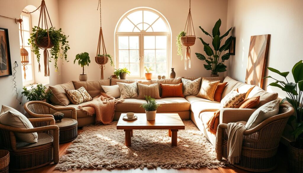 A cozy, sun-drenched boho living room, complete with a plush, oversized L-shaped sofa adorned with plush, earthy-toned cushions and throws. Surrounding the sofa, a collection of rattan and wicker accent chairs, a low wooden coffee table, and a shaggy area rug in warm hues. Lush, trailing plants spill from hanging macrame planters, casting soft shadows on the whitewashed walls. Warm, ambient lighting filters through a large, arched window, illuminating the space with a golden glow. Hints of natural wood, woven textures, and earthy tones create a harmonious, relaxing atmosphere, inviting one to sink in and unwind.