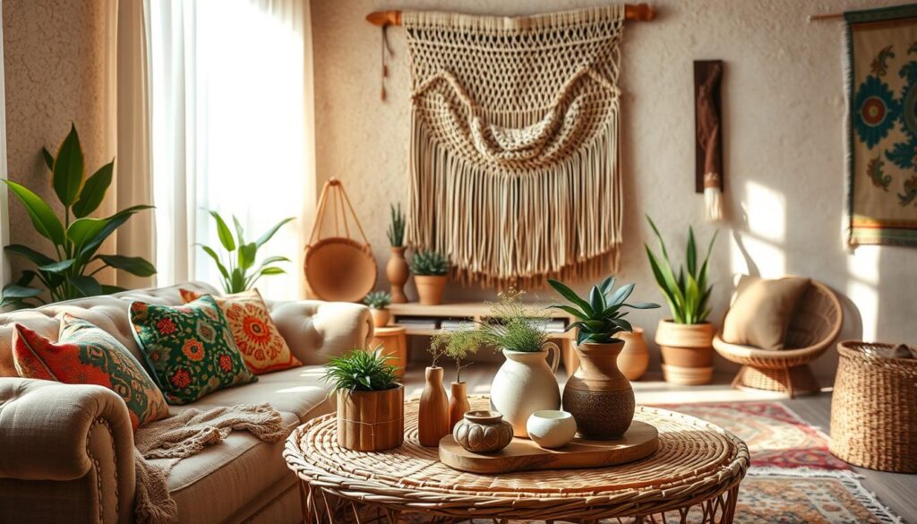 A cozy, sun-drenched boho living room with natural textures and cultural influences. In the foreground, a plush, tufted sofa adorned with colorful throw pillows and a woven blanket. Mid-ground features a rattan coffee table topped with an eclectic mix of potted plants, carved wooden trinkets, and a handcrafted ceramic vase. The background showcases a textured, earthen-toned wall, adorned with a large macrame wall hanging and a vibrant tapestry. Soft, diffused lighting filters through sheer curtains, creating a warm, inviting atmosphere. The scene exudes a sense of worldly, harmonious living.