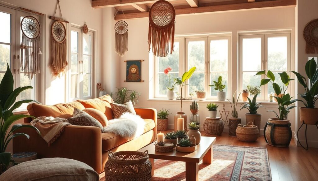 A cozy, sunlit boho-inspired living room with a mix of natural textures and vibrant accents. In the foreground, a plush, earthy-toned velvet sofa is adorned with patterned cushions and a fluffy sheepskin throw. Hanging above it, macrame wall hangings and woven dream catchers create a relaxed, carefree ambiance. In the middle ground, a low wooden coffee table is styled with woven baskets, potted succulents, and a gently flickering candle. Surrounding the space, large windows allow natural light to pour in, casting a warm, golden glow on the room. In the background, a Moroccan-inspired rug grounds the space, while a mix of eclectic artwork and plants add pops of color and a touch of bohemian flair.