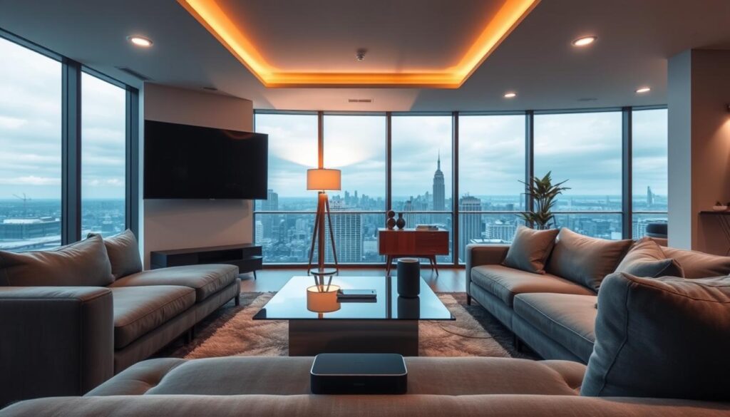 A cozy, tech-friendly living room with a sleek, modern aesthetic. In the foreground, a plush, gray L-shaped sofa faces a large, flat-screen television mounted on the wall. A minimalist, glass-topped coffee table sits in front of the sofa, with hidden cable management beneath. In the middle ground, a mid-century modern, wooden side table holds a sleek, wireless charging pad and a smart speaker. Ambient lighting from a floor lamp and recessed ceiling fixtures create a warm, inviting atmosphere. The background features large, floor-to-ceiling windows that offer a panoramic view of a bustling cityscape, blending the indoor and outdoor spaces seamlessly. A cozy, tech-friendly living room with a sleek, modern aesthetic. In the foreground, a plush, gray L-shaped sofa faces a large, flat-screen television mounted on the wall. A minimalist, glass-topped coffee table sits in front of the sofa, with hidden cable management beneath. In the middle ground, a mid-century modern, wooden side table holds a sleek, wireless charging pad and a smart speaker. Ambient lighting from a floor lamp and recessed ceiling fixtures create a warm, inviting atmosphere. The background features large, floor-to-ceiling windows that offer a panoramic view of a bustling cityscape, blending the indoor and outdoor spaces seamlessly.