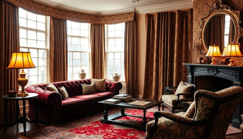 A cozy traditional living room with a plush, tufted sofa adorned in a rich, jewel-toned velvet fabric. Thick, brocade curtains in a complementary palette frame the large windows, casting a warm, diffused light throughout the space. Layers of patterned throw pillows, a hand-knotted Persian rug, and an ornate, gilded mirror above the fireplace mantel create a luxurious, layered ambiance. The room is bathed in a soft, golden glow from a pair of antique brass table lamps, evoking a sense of timeless elegance and comfort.