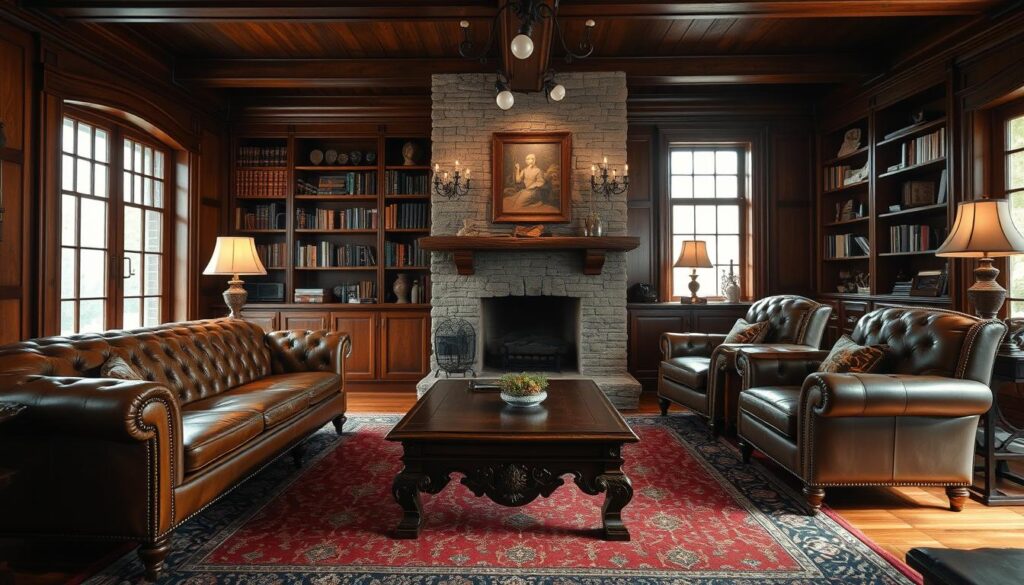 A cozy, traditional living room with a warm and inviting atmosphere. In the foreground, a plush, tufted leather sofa and matching armchair sit atop a patterned Persian rug. A wooden coffee table with intricate carvings takes center stage. The middle ground features a stone fireplace with a decorative mantel, casting a soft, ambient glow. Bookshelves line the walls, filled with vintage tomes and decorative accents. In the background, large windows allow natural light to filter in, illuminating the rich, wood-paneled walls and creating a sense of timeless elegance. The overall composition evokes a sense of comfort, sophistication, and a connection to the past.