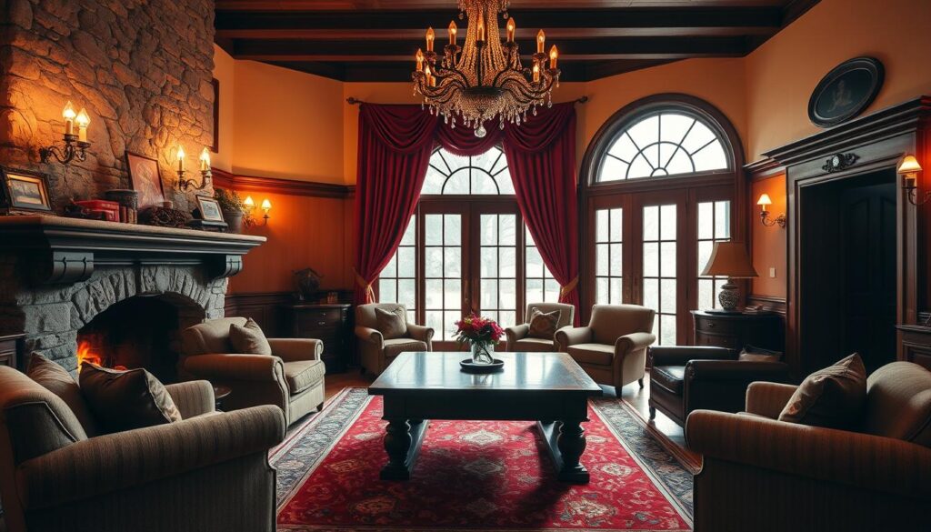 A cozy traditional living space with warm, inviting lighting. A large stone fireplace casts a soft glow over plush armchairs and a deep red Persian rug. Ornate sconces flank a grand arched window, illuminating intricate wood paneling and a heavy, velvet-draped curtain. Antique brass fixtures and a crystal chandelier above a sturdy oak coffee table complete the elegant, refined atmosphere. The room is bathed in a golden, amber hue, creating a sense of timeless sophistication. Camera: 50mm lens, medium depth of field, natural lighting.
