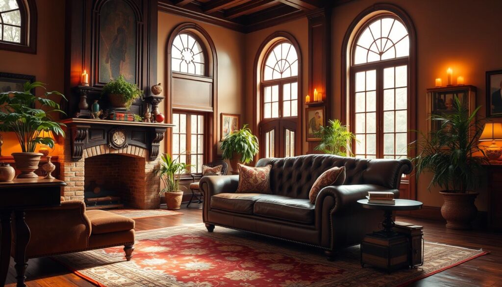 A cozy, traditional-style living room with a rich, brown leather couch as the centerpiece. The couch is positioned in front of a large, ornate fireplace with a detailed mantelpiece. Warm, ambient lighting fills the room, casting a soft glow on the plush, patterned rug and the antique, wooden furniture pieces. Tall, arched windows allow natural light to filter in, highlighting the room's elegant, vintage charm. Lush, potted plants and framed artwork adorn the walls, completing the inviting, timeless atmosphere.