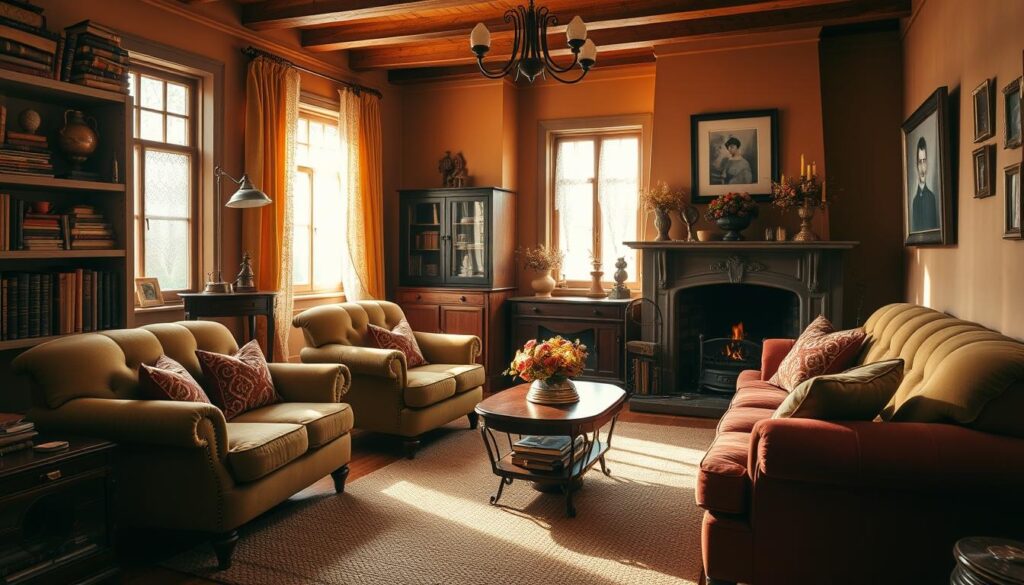 A cozy, vintage-inspired living room with a warm, earthy color palette. Plush, overstuffed armchairs and a deep-tufted sofa in rich, saturated hues of olive, mustard, and crimson sit atop a woven area rug. Sunlight filters through lace curtains, casting a soft, golden glow across the room. Bookshelves line the walls, adorned with antique trinkets and framed artwork. A crackling fireplace anchors the space, its mantel decorated with dried flowers and candles. The atmosphere is one of timeless elegance and refined comfort.
