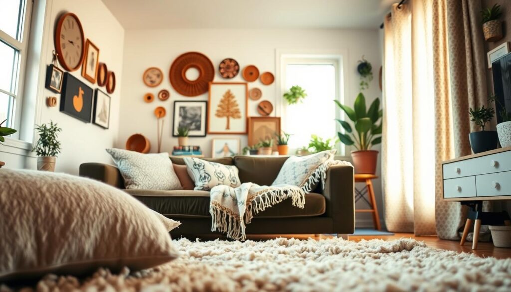A cozy, well-appointed small living room bathed in warm, natural lighting. In the foreground, plush throw pillows and a soft, textured area rug create a inviting, tactile surface. Midground features layered textiles, including a knitted blanket draped over the arm of a chic velvet sofa, and a patterned linen curtain framing a large window. The background showcases eclectic wall decor, potted plants, and a mix of vintage and modern furnishings that lend an effortlessly curated, lived-in feel. The overall scene evokes a sense of comfort, relaxation, and refined style. A cozy, well-appointed small living room bathed in warm, natural lighting. In the foreground, plush throw pillows and a soft, textured area rug create a inviting, tactile surface. Midground features layered textiles, including a knitted blanket draped over the arm of a chic velvet sofa, and a patterned linen curtain framing a large window. The background showcases eclectic wall decor, potted plants, and a mix of vintage and modern furnishings that lend an effortlessly curated, lived-in feel. The overall scene evokes a sense of comfort, relaxation, and refined style.