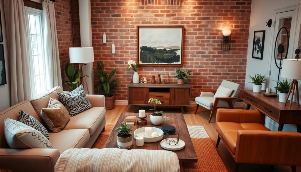 A cozy, well-appointed small living room with a DIY, budget-friendly aesthetic. In the foreground, a plush, neutral-toned sectional sofa adorned with patterned throw pillows. Atop a rustic wood coffee table, a mix of potted plants, candles, and simple decorative accents. The middle ground features a large, framed abstract artwork hung above a retro-inspired TV stand, complemented by a pair of mid-century modern inspired armchairs. The background showcases a mix of natural textures, including exposed brick walls and a woven area rug, creating a warm, inviting atmosphere. Soft, diffused lighting from table lamps and wall sconces casts a gentle glow throughout the space.