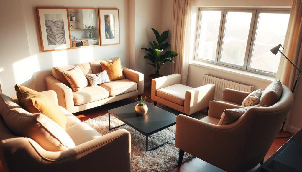A cozy, well-appointed small living room with a plush, modern sofa, a pair of comfortable armchairs, and a sleek coffee table. The space is bathed in warm, natural light from a large window, casting a soft glow on the room. The furniture is arranged in a balanced, inviting layout, with pops of color and texture from decorative pillows and a fluffy area rug. The overall atmosphere is one of relaxation and sophistication, perfect for a compact living area. A cozy, well-appointed small living room with a plush, modern sofa, a pair of comfortable armchairs, and a sleek coffee table. The space is bathed in warm, natural light from a large window, casting a soft glow on the room. The furniture is arranged in a balanced, inviting layout, with pops of color and texture from decorative pillows and a fluffy area rug. The overall atmosphere is one of relaxation and sophistication, perfect for a compact living area.