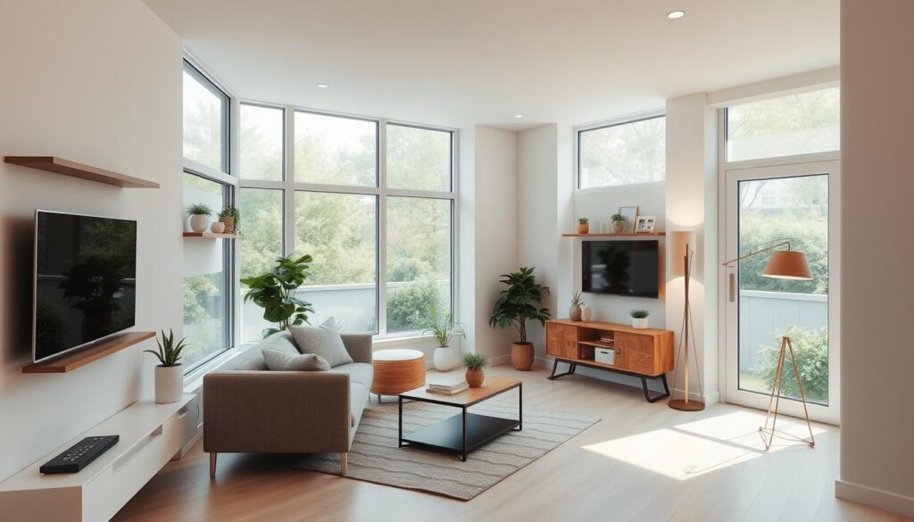 A cozy, well-designed compact living room with a focus on maximizing the sense of space. The room features large windows that flood the space with natural light, creating an airy and open ambiance. The furniture is minimalist and multifunctional, with a small sofa, a coffee table, and a wall-mounted TV. Decorative shelves and plants add visual interest and a touch of greenery. The lighting is a combination of recessed ceiling lights and a stylish floor lamp, illuminating the room evenly. The walls are painted in a light, neutral color, and the floor is covered in a light-colored hardwood or laminate. Overall, the layout and design elements create an illusion of spaciousness, making the most of the limited square footage.
