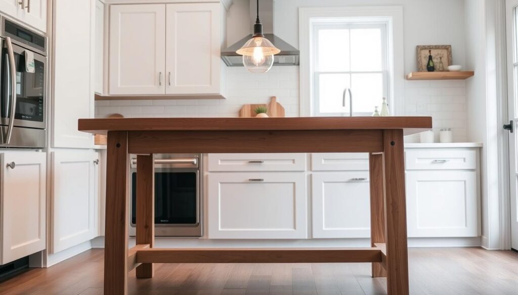 A cozy, well-lit kitchen interior with a rustic, handcrafted wooden kitchen island taking center stage. The island features a smooth, natural wooden top, complemented by sturdy, minimalist wooden legs. Hanging above, a simple yet elegant pendant light casts a warm glow, illuminating the workspace. The background showcases clean, white cabinetry and subway tile backsplash, creating a bright and airy atmosphere. The scene conveys a sense of DIY charm and functionality, perfect for a small kitchen looking to maximize space and add a touch of personalized style. A cozy, well-lit kitchen interior with a rustic, handcrafted wooden kitchen island taking center stage. The island features a smooth, natural wooden top, complemented by sturdy, minimalist wooden legs. Hanging above, a simple yet elegant pendant light casts a warm glow, illuminating the workspace. The background showcases clean, white cabinetry and subway tile backsplash, creating a bright and airy atmosphere. The scene conveys a sense of DIY charm and functionality, perfect for a small kitchen looking to maximize space and add a touch of personalized style.