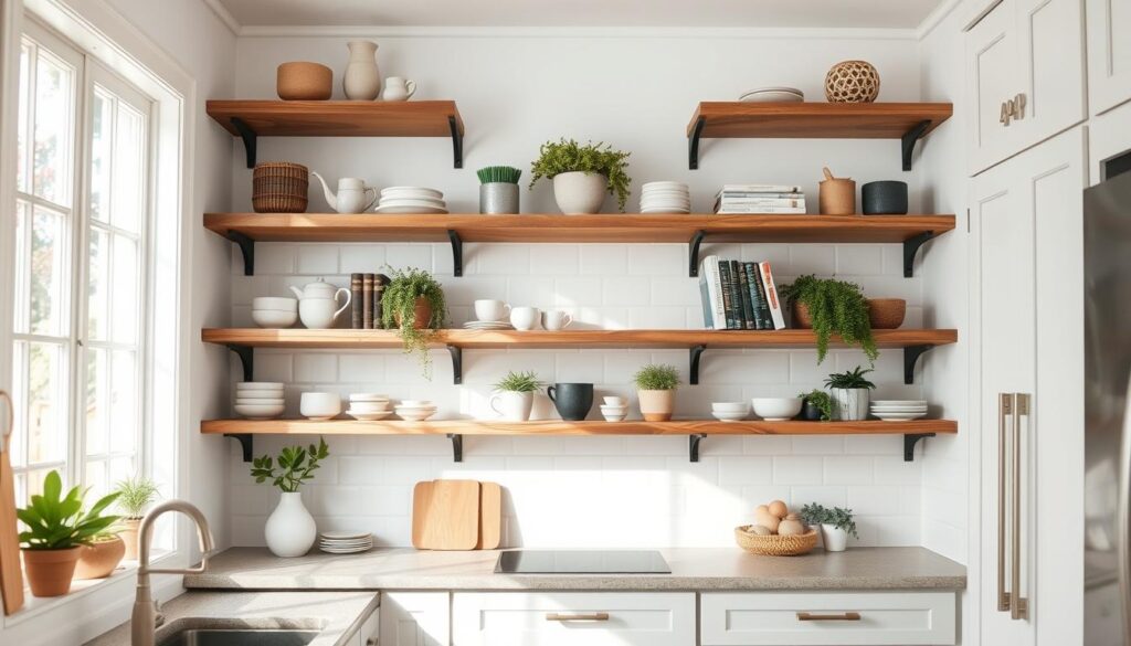 A cozy, well-lit kitchen with a focus on open shelving. The shelves are crafted from rustic wood, perfectly complementing the white subway tile backsplash and light gray cabinetry. Soft, natural light filters in through a large window, casting a warm glow on the assortment of ceramics, plants, and cookbooks neatly arranged on the shelves. The overall atmosphere is one of functional simplicity and inviting homeliness, showcasing how open shelving can maximize storage and display in a small kitchen space. A cozy, well-lit kitchen with a focus on open shelving. The shelves are crafted from rustic wood, perfectly complementing the white subway tile backsplash and light gray cabinetry. Soft, natural light filters in through a large window, casting a warm glow on the assortment of ceramics, plants, and cookbooks neatly arranged on the shelves. The overall atmosphere is one of functional simplicity and inviting homeliness, showcasing how open shelving can maximize storage and display in a small kitchen space.