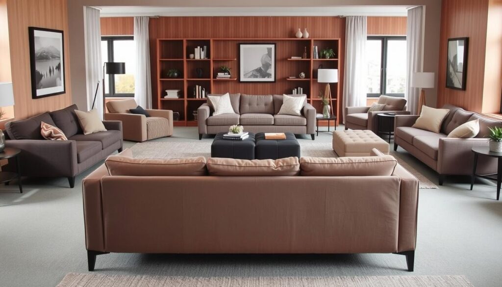 A cozy, well-lit living room showcasing an assortment of popular small space sofas. In the foreground, a sleek, minimalist sofa in a muted, neutral tone takes center stage, with clean lines and a low profile that fits seamlessly into a compact room. Surrounding it, a range of stylish options including a plush, tufted loveseat, a modern sectional with chaise, and a compact, armless settee, all in a variety of textures and hues that complement each other. The middle ground features a mix of accent chairs and ottomans, offering additional seating and storage solutions. The background subtly blends warm, wooden tones and soft, natural lighting, creating a inviting, harmonious atmosphere perfect for small urban living spaces. A cozy, well-lit living room showcasing an assortment of popular small space sofas. In the foreground, a sleek, minimalist sofa in a muted, neutral tone takes center stage, with clean lines and a low profile that fits seamlessly into a compact room. Surrounding it, a range of stylish options including a plush, tufted loveseat, a modern sectional with chaise, and a compact, armless settee, all in a variety of textures and hues that complement each other. The middle ground features a mix of accent chairs and ottomans, offering additional seating and storage solutions. The background subtly blends warm, wooden tones and soft, natural lighting, creating a inviting, harmonious atmosphere perfect for small urban living spaces.