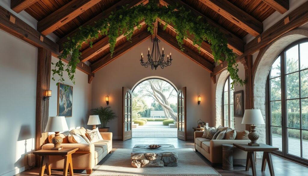 A cozy, well-lit living room with a grand, rustic archway as the focal point. The archway is constructed from weathered wood beams, casting warm, natural shadows across the space. Lush, trailing vines cascade from the top of the arch, adding a touch of organic charm. The room is furnished with plush, earthy-toned sofas and armchairs, complemented by wooden end tables and a low, stone coffee table. Soft, diffused lighting from sconces and a central chandelier creates a inviting, homely ambiance. The background features a large, open window overlooking a tranquil, tree-lined yard, allowing natural light to flood the room. A cozy, well-lit living room with a grand, rustic archway as the focal point. The archway is constructed from weathered wood beams, casting warm, natural shadows across the space. Lush, trailing vines cascade from the top of the arch, adding a touch of organic charm. The room is furnished with plush, earthy-toned sofas and armchairs, complemented by wooden end tables and a low, stone coffee table. Soft, diffused lighting from sconces and a central chandelier creates a inviting, homely ambiance. The background features a large, open window overlooking a tranquil, tree-lined yard, allowing natural light to flood the room.