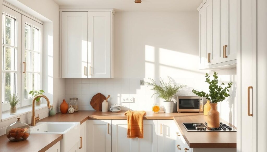 A cozy, well-lit small kitchen showcasing the latest color trends. Crisp white cabinets with sleek, modern hardware create a clean, minimalist foundation. Accents of soft sage green, muted terracotta, and warm brass tones add depth and richness. Sunlight streams through large windows, casting a warm glow across the space. Decorative vases, lush greenery, and simple, Scandinavian-inspired decor elements complete the inviting, contemporary aesthetic. The overall ambiance is fresh, airy, and on-trend, providing inspiration for small kitchen design. A cozy, well-lit small kitchen showcasing the latest color trends. Crisp white cabinets with sleek, modern hardware create a clean, minimalist foundation. Accents of soft sage green, muted terracotta, and warm brass tones add depth and richness. Sunlight streams through large windows, casting a warm glow across the space. Decorative vases, lush greenery, and simple, Scandinavian-inspired decor elements complete the inviting, contemporary aesthetic. The overall ambiance is fresh, airy, and on-trend, providing inspiration for small kitchen design.